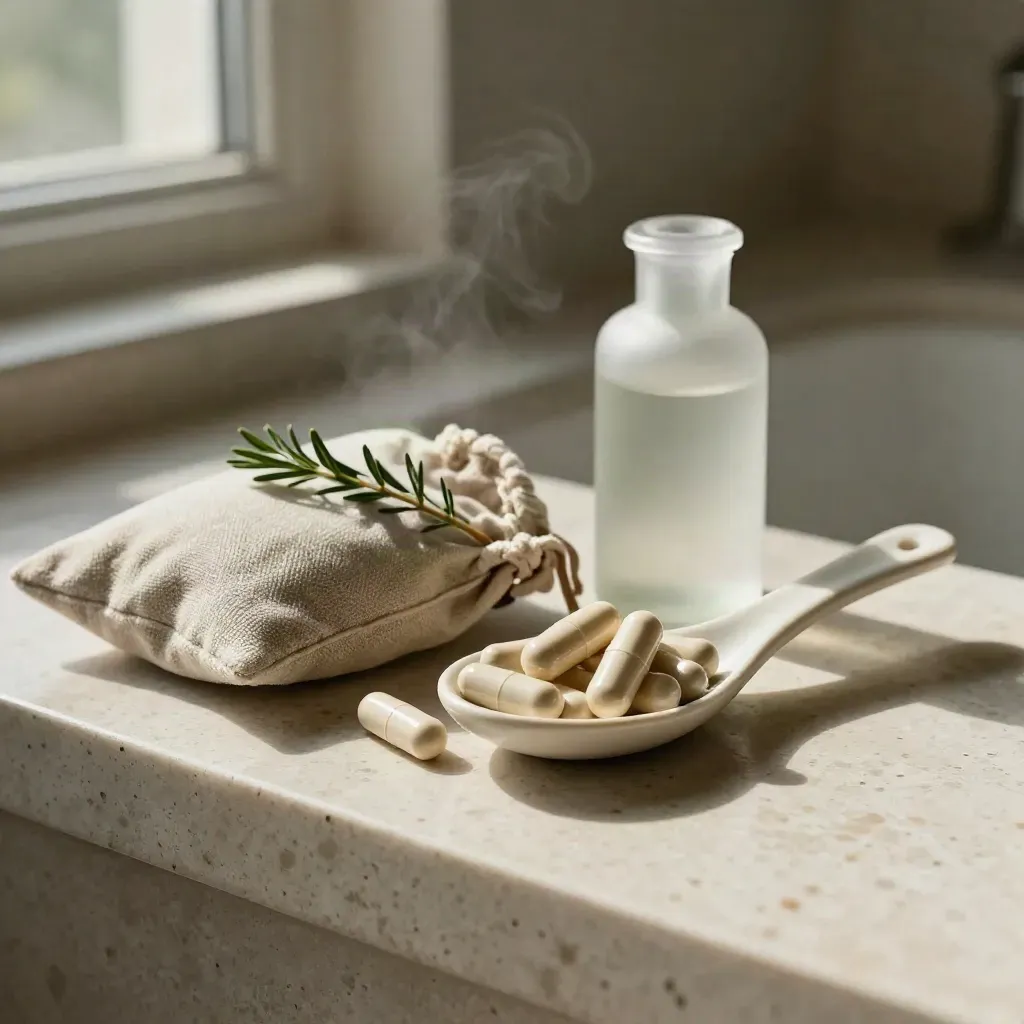 Broad-spectrum capsules spilling from a ceramic spoon beside linen and herbs on travertine