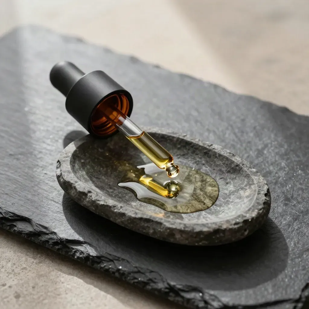 Amber oil drop bottle, pipette, stone dish, and oil bead on wet slate flatlay.