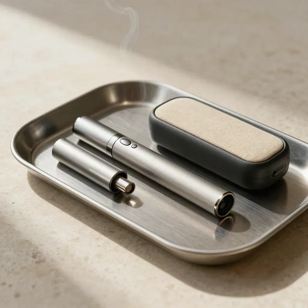 Brushed vape pen kit, cartridge and case on a metal tray with a soft vapor curl