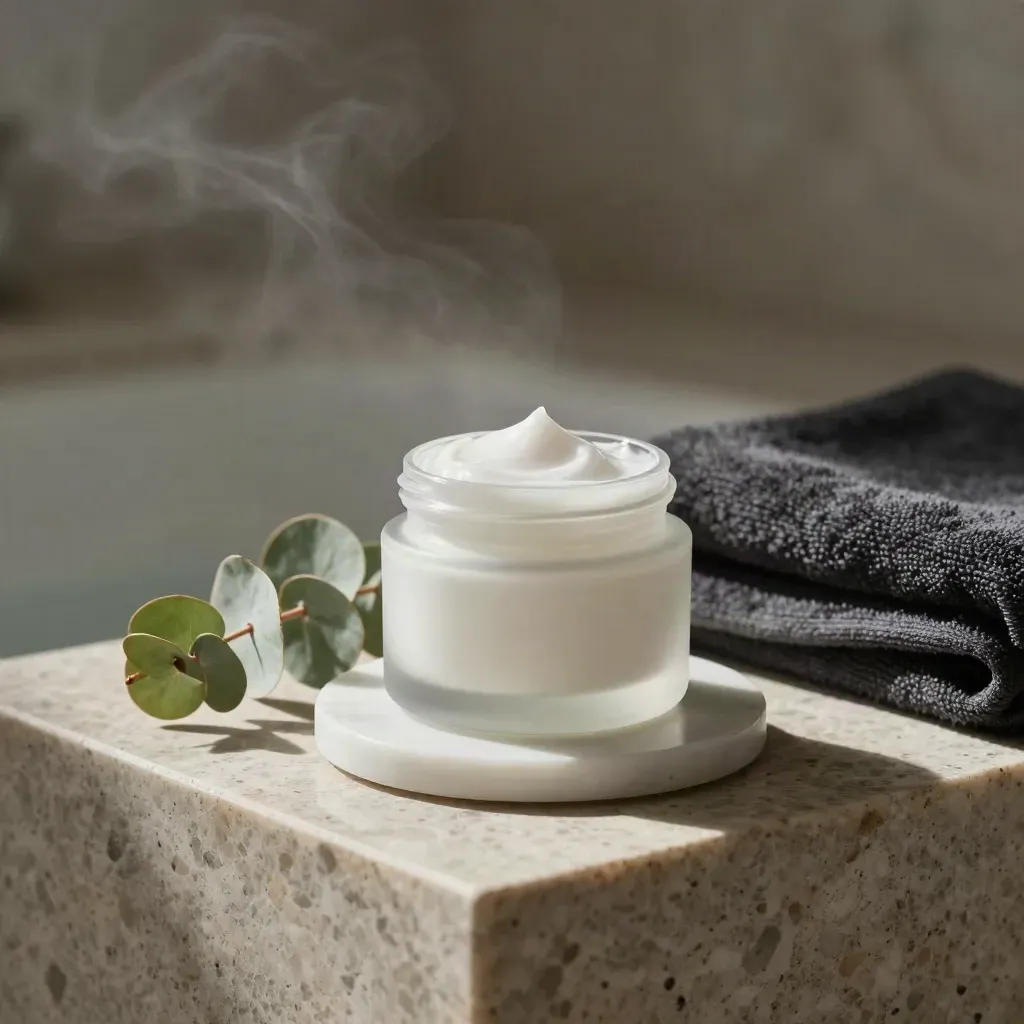 Open menthol cream jar on marble coaster with eucalyptus and charcoal towel in cool mist