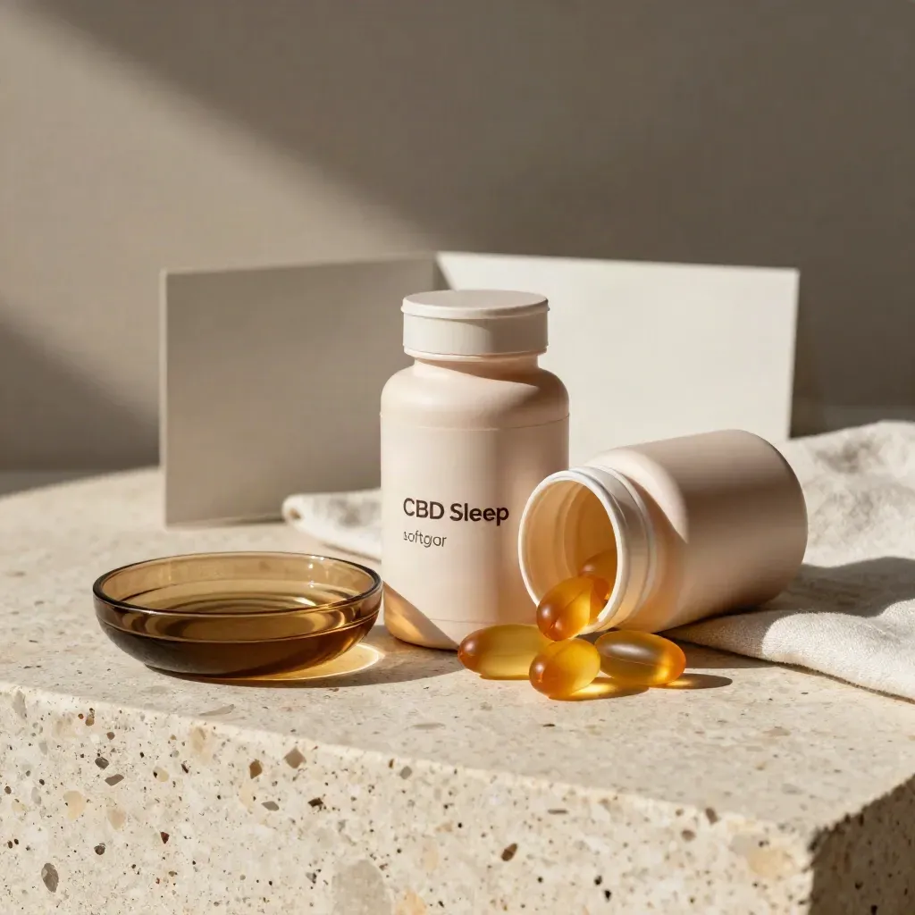 Unbranded CBD sleep softgel bottle with amber capsules on travertine and linen