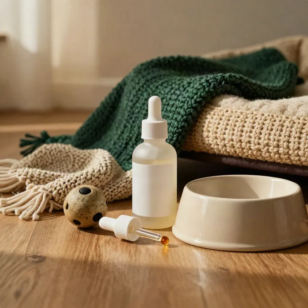 Pet hemp drops bottle beside bowl, knit throw and toy ball on an oak floor in soft window haze.
