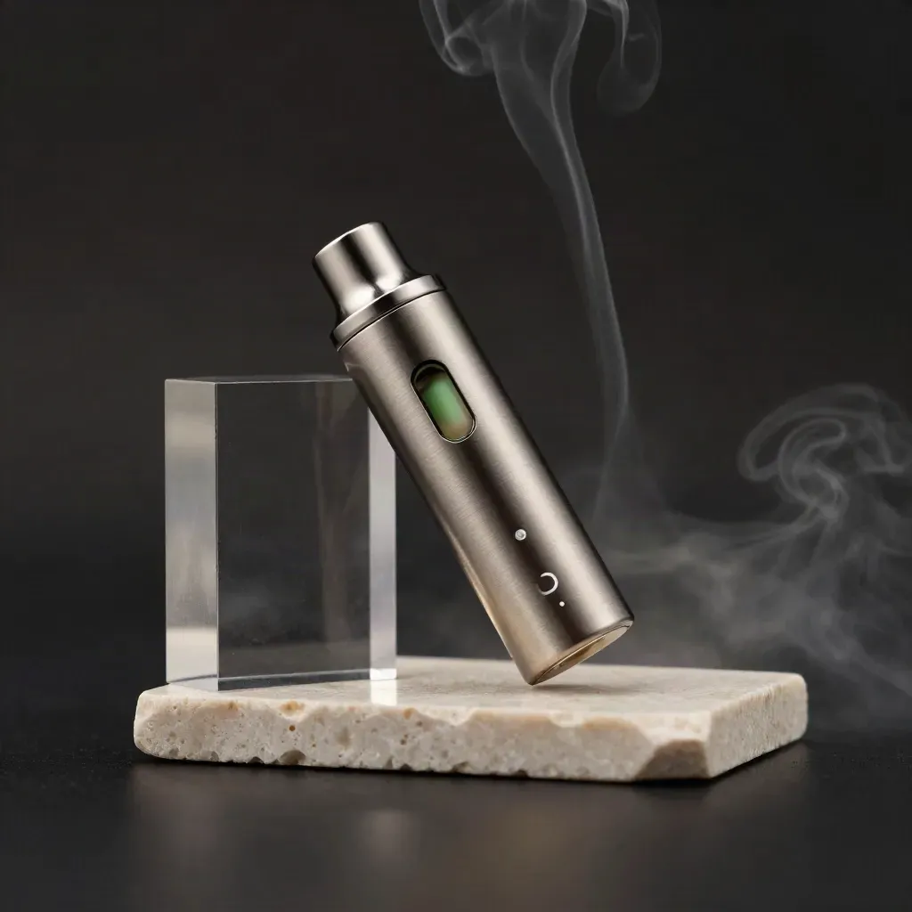 Floating mint vape cartridge with stone plinth, acrylic block and a faint vapor ribbon