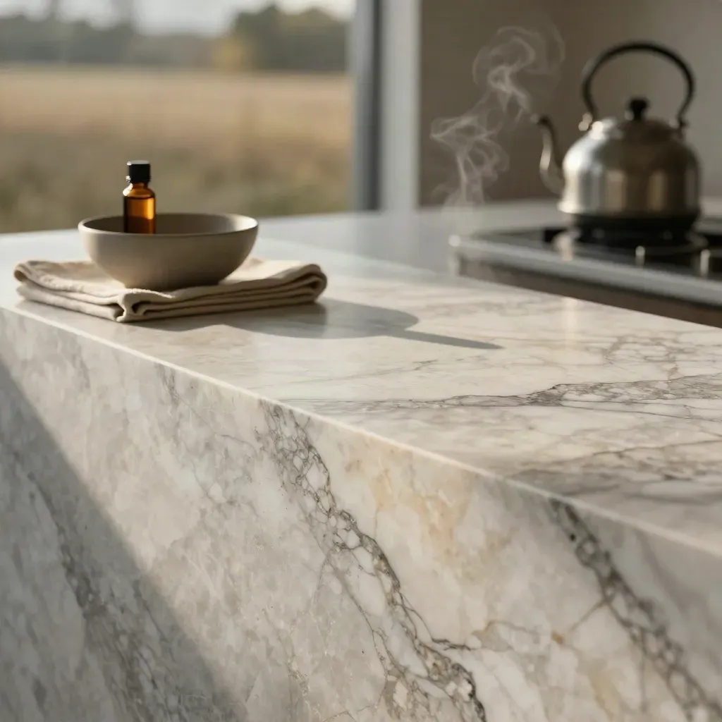 Marble wellness counter with ceramic bowl, folded linen, and soft kettle blur in warm daylight.